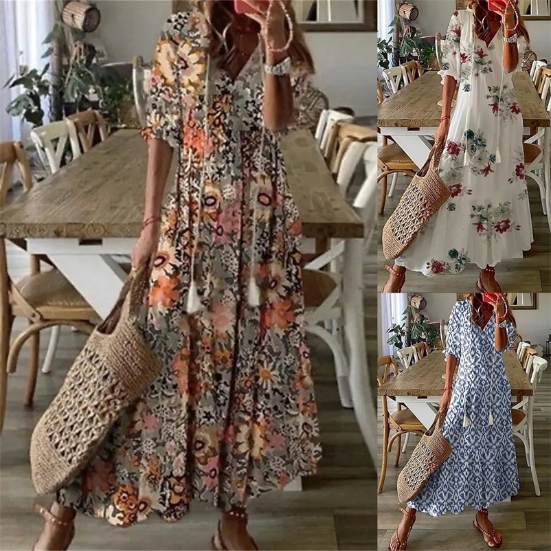 Women Elegant Boho Printing Long Dress Casual Half Sleeve V Neck Loose Maxi Dress Female Holiday Beach Sundress Tie Up Vestidos 240529