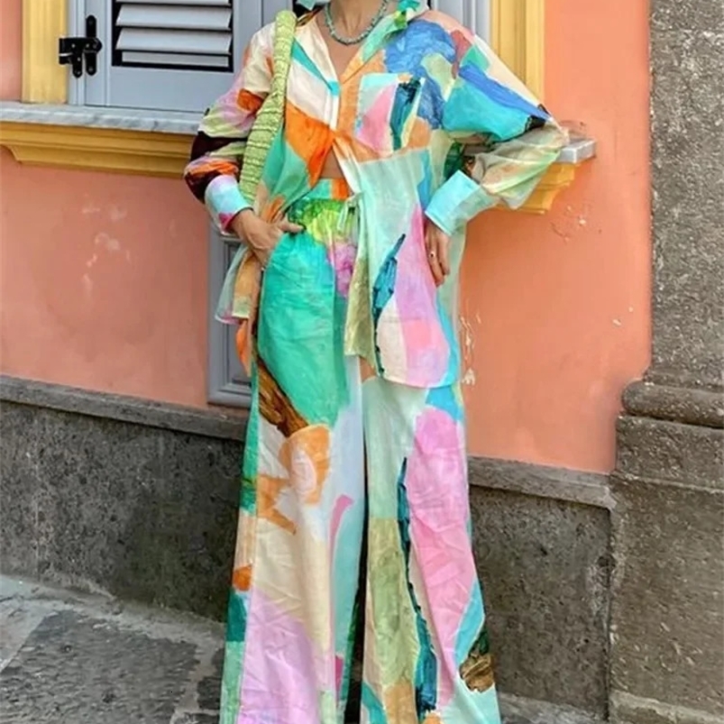 Fashion Printed Long Pant Sets for Women Casual Long Sleeve Pocket Shirt Loose Wide Leg Trousers Female 2 Pieces Set Streetwear 240826