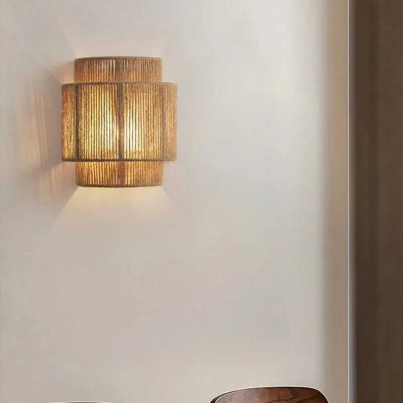 Antique Japanese Hotel Indoor Hemp Rope Rattan Wall Lamp Bathroom Vanity Modern E27 Woven Bedside Wall Light C251124