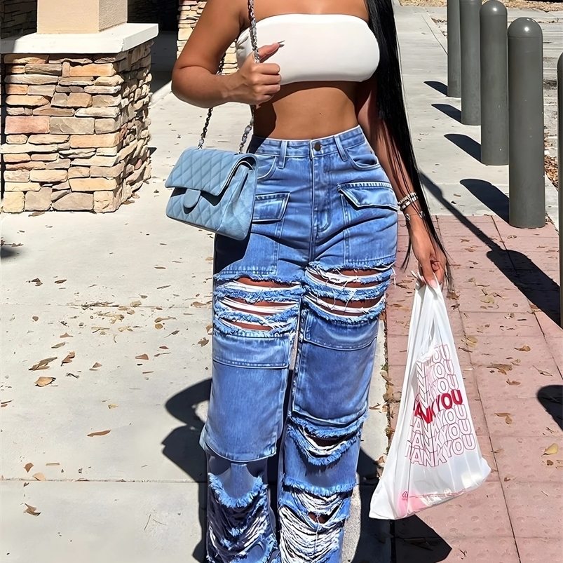 Women Straight Leg Ripped Jeans Fashion Flap Pocket Baggy Pants Vintage Street Hip-Hop Denim Trousers Mujer 240823