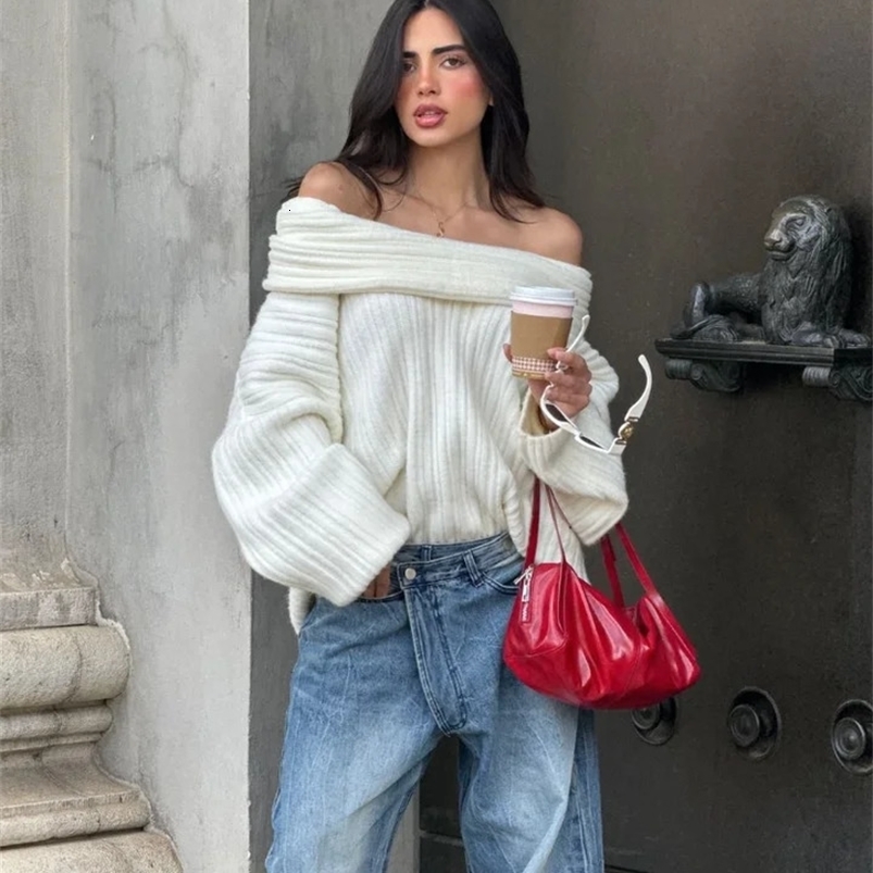 Women Fashion Off Shoulder Solid Pullover Extended Elongated Sleeves Ultra Soft lady Knitted Sweater Chic Autumn Streetwear 240824