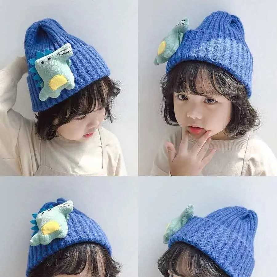 Autumn Winter Warm Baby Beanie Cartoon Dinosaur Knitted Toddler Boys Girls Hat Cute Solid Color Kids Ear Protection Cap Z251029