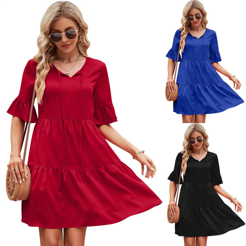 Summer Women Dress Casual Half Sleeved Lace Up Bohemian Dress Female Casual Fold Dress Womens Summer Sundresses 250313