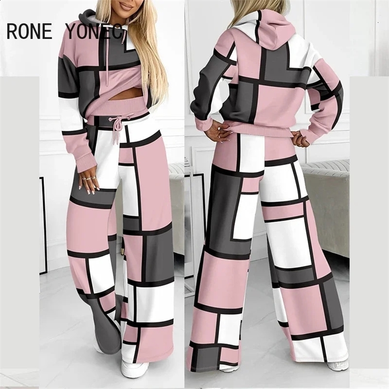 Geometric Print Colorblok Hoodie Wide Leg Pant Set Women Two Pieces Sets 240826