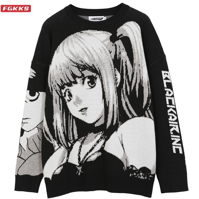 FGKKS Mens Hip Hop Streetwear Harajuku Sweater Vintage Japanese Style Anime Girl Knitted Cotton Pullover Sweaters Male 220819