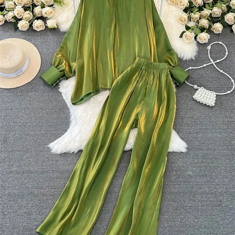 XFPV Women Loose Stand Collar Lantern Sleeve Solid Color Korean Version Coat Wide Leg Pants Two Piece Set Autumn SM9811 240820