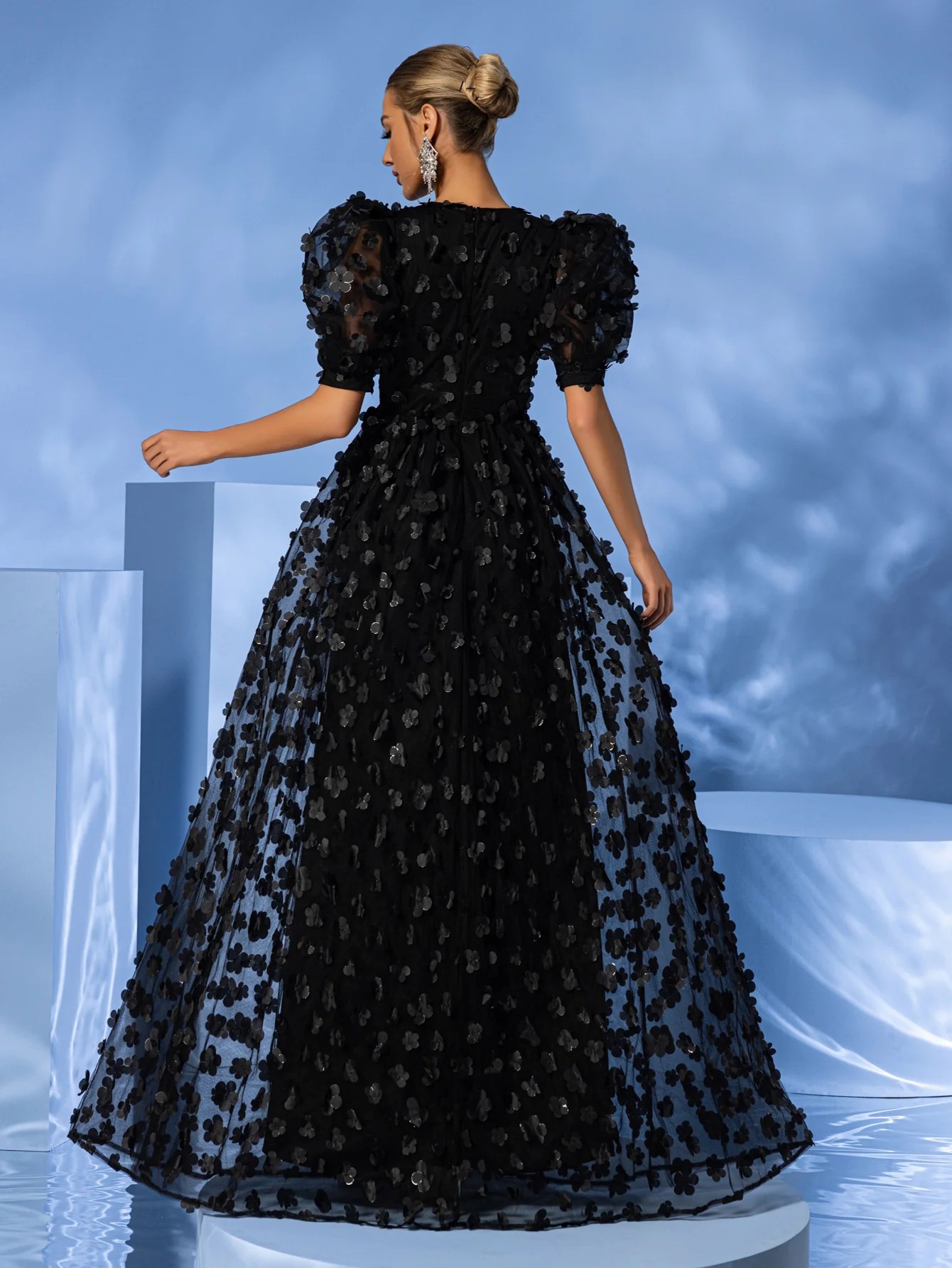 2025 New French Fashion Women's Elegant Prom Black High Neck Long Sleeve A-Line Mini Dress 23551