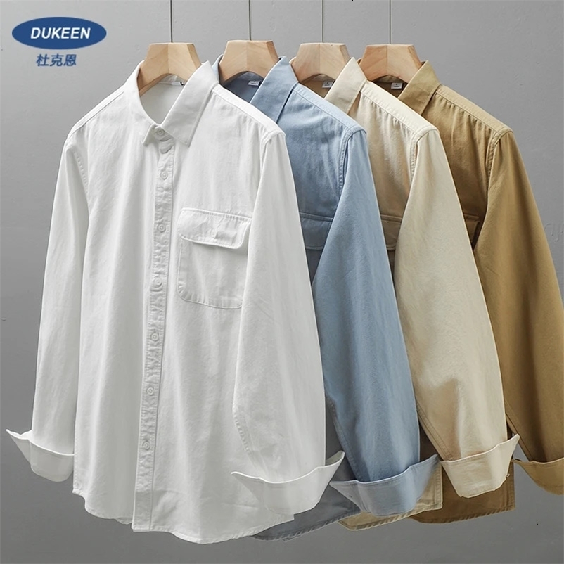 Dukeen Shirts for Men Spring and Autumn Pockets Cotton Solid Color White Plain Shirt Long-Sleeved Tops Mens Clothing 240715