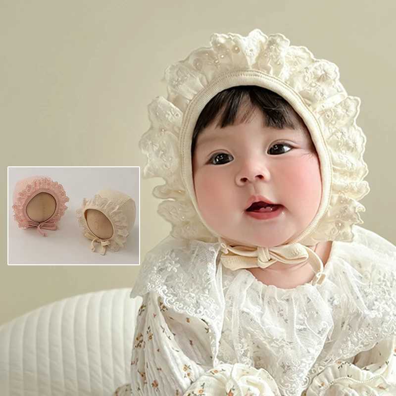 Princess Girl Lace Court Hat Sweet Ruffle Brim Ear Protection Cap 312M Infants Tie Beanies Solid Cotton Newborn Headgear Bonnet Z251029