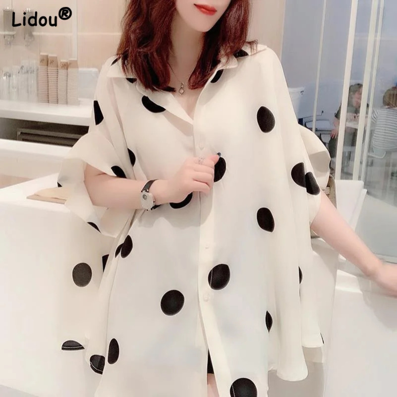 Summer Chiffon Thin Oversize Short Sleeve Polka Dot Women Casual Shirts Elegant Comfortable Silky Loose Straight Female Clothing 250417