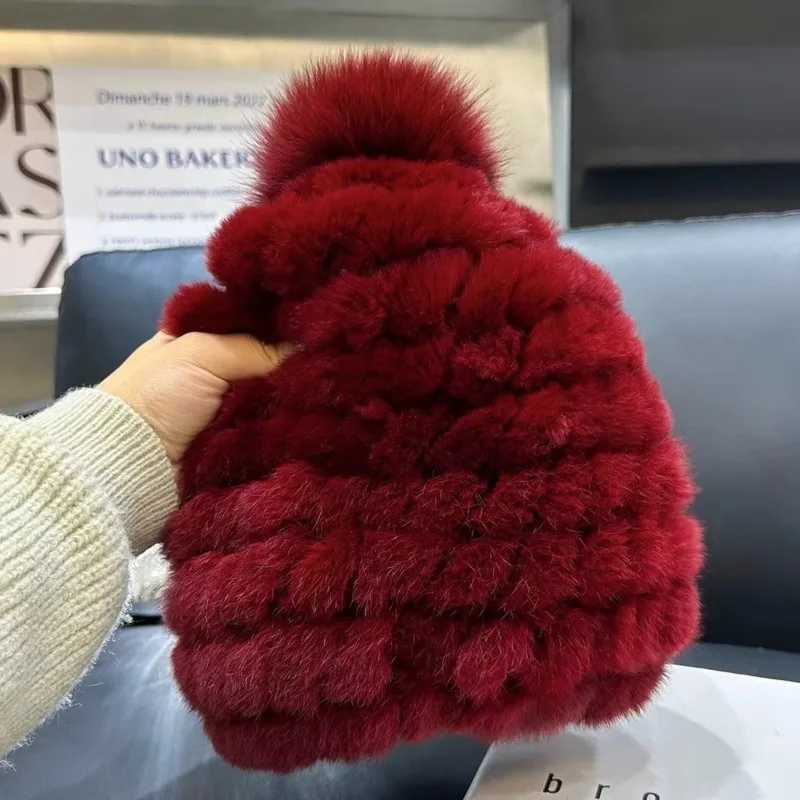 Rex Rabbit Fur Hat Fashion Baotou Hat With Big Fox Fur Ball Thickened Warm Ear Protection Hat Winter Good Elastic Real Fur Hats Z251029