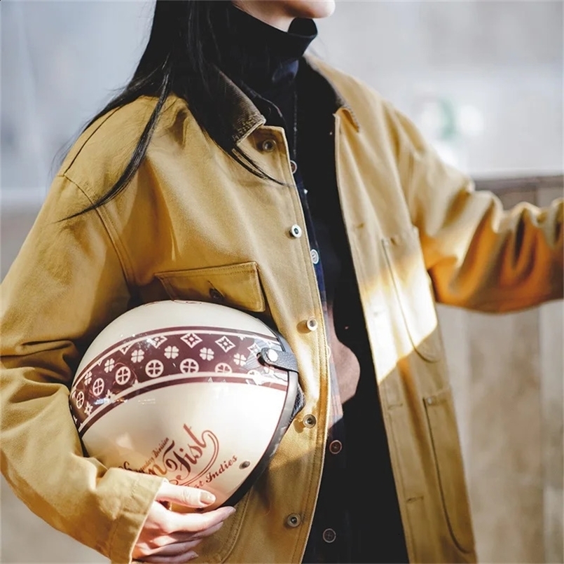 Maden-Womens American Retro Michigan Jacket Spring and Autumn 100% Cotton Canvas Lapel Long Sleeve Top Short Coat for Women 240827