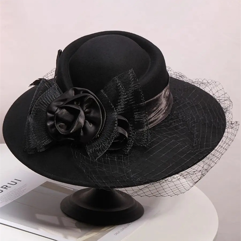 Veil Black Women Winter Fedora 100% Australian Wool Cloche Hats Female Wide Brim Felt Hat Ladies Bowknot For Church Caps 56-58cm 241014