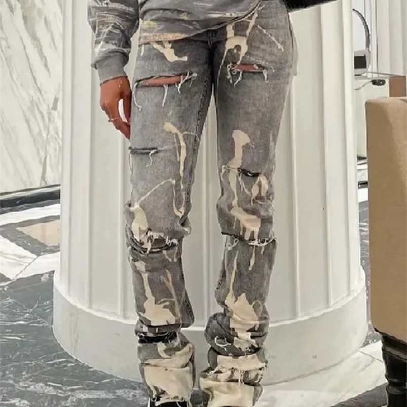 Sifreyr Casual Ripped Hole Jeans Women Fashion Gray Print High Waist Denim Skinny Trousers Streetwear Bottoms Y2K Stacked Pants 240821