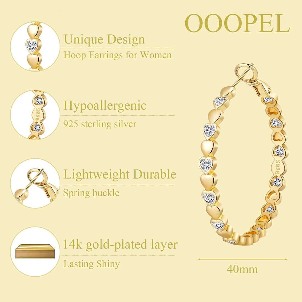 Heart Cubic Zirconia Large Hoop Earrings for Womens Sier 14k Gold Plated Hypoallergenic Rhinestone Hoops Earring Sparkly Jewelry Gift 30/40/50/60mm