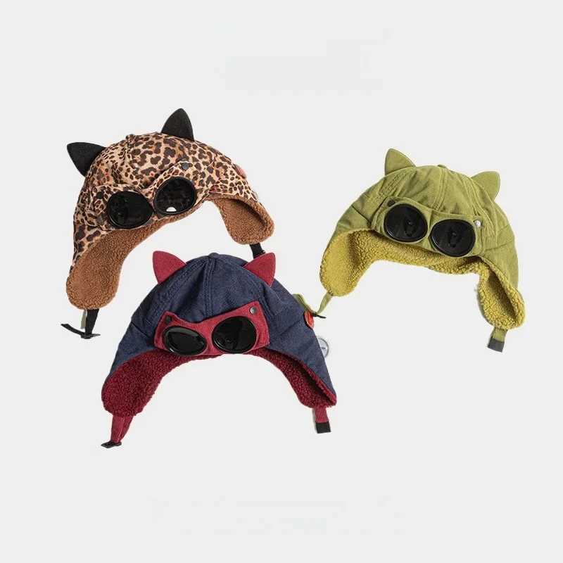 New Kids Girl Boy Pilot Hat with Goggles Cotton Fleece Lined Earflap Cap Cat Ears Winter Warm Thickened Familys Aviator Hat Z251029