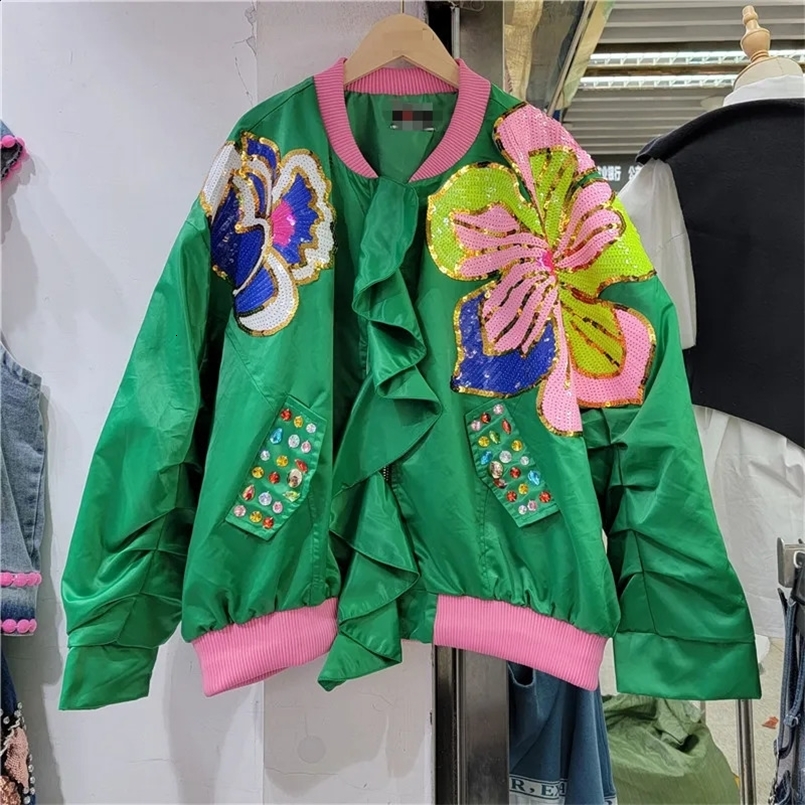 Spring Autumn Fashion Ruffled Patchwork Diamonds Sequins Baseball Jacket Coat Women Stand Collar Long Sleeve Bomber Coat Female 240827