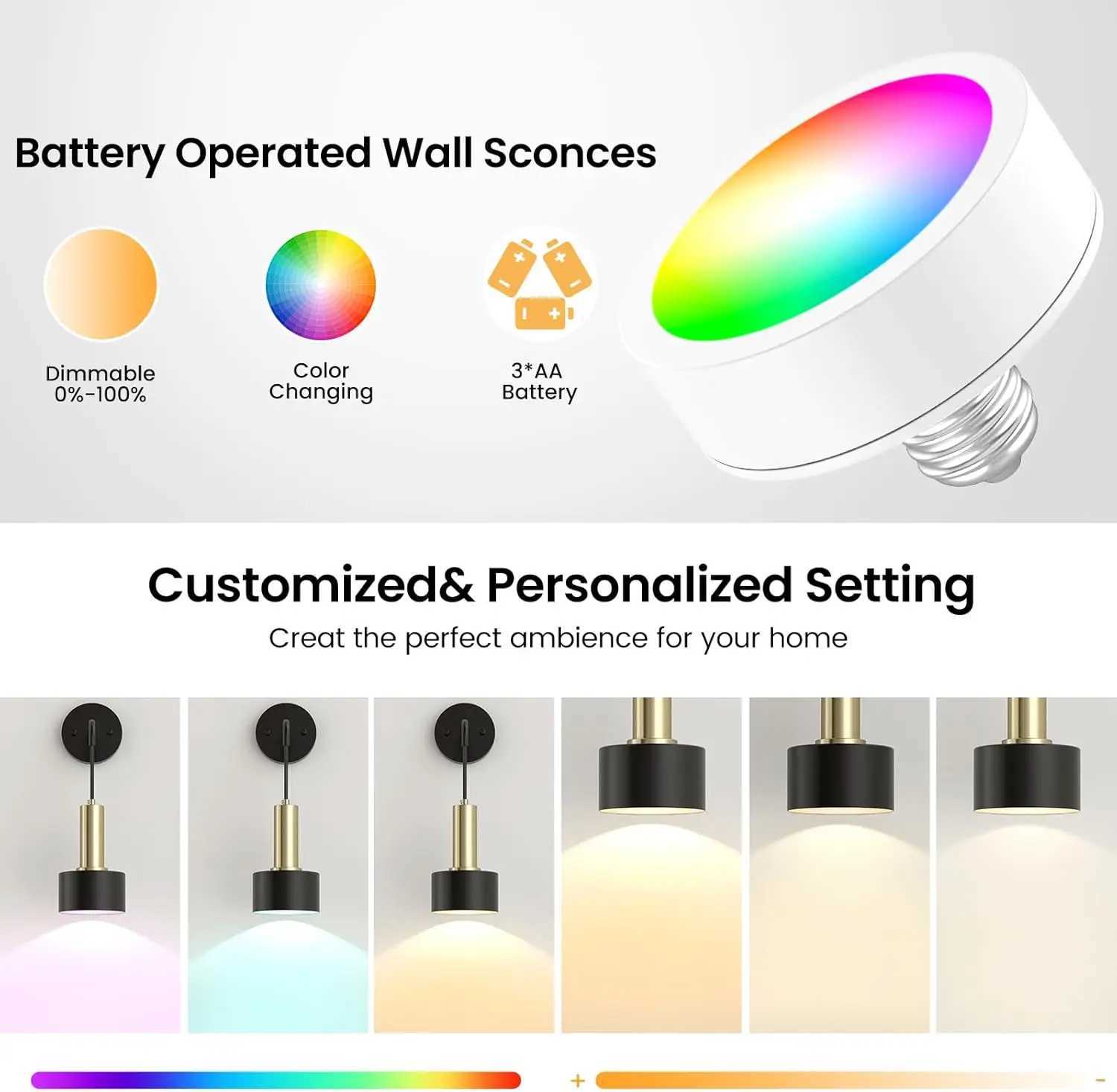 Battery Operated Wall Sconce Set of 2 Dimmable RGB Wall Sconce with Remote Indoor Battery Powered Wall Lamp Light C251124