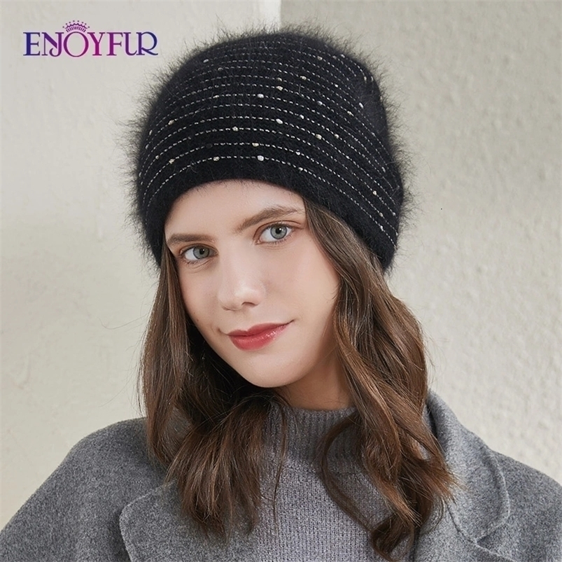 Wide Brim Hats Bucket Hats ENJOYFUR Women Knitted Winter Hats Thick Warm Angola Rabbit Fur Hair Bonnet Female Fashion Good Quality Winter Beanie 23082