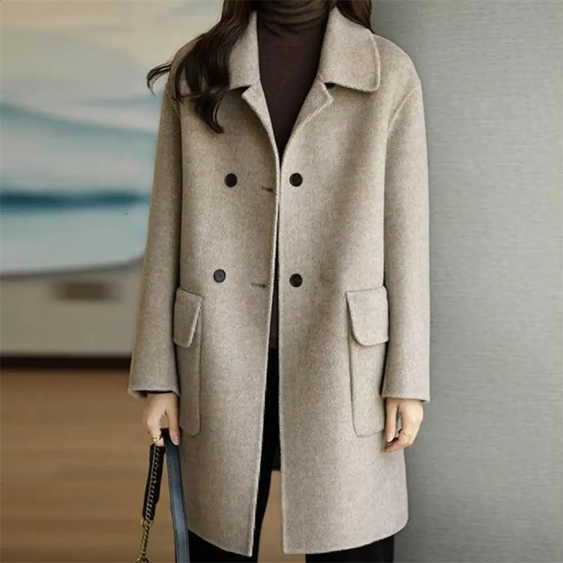Trendy Pocket Solid Color Non-Fading Fashionable Women Mid-Long Winter Woolen Coat Women Winter Coat Decorative 240830