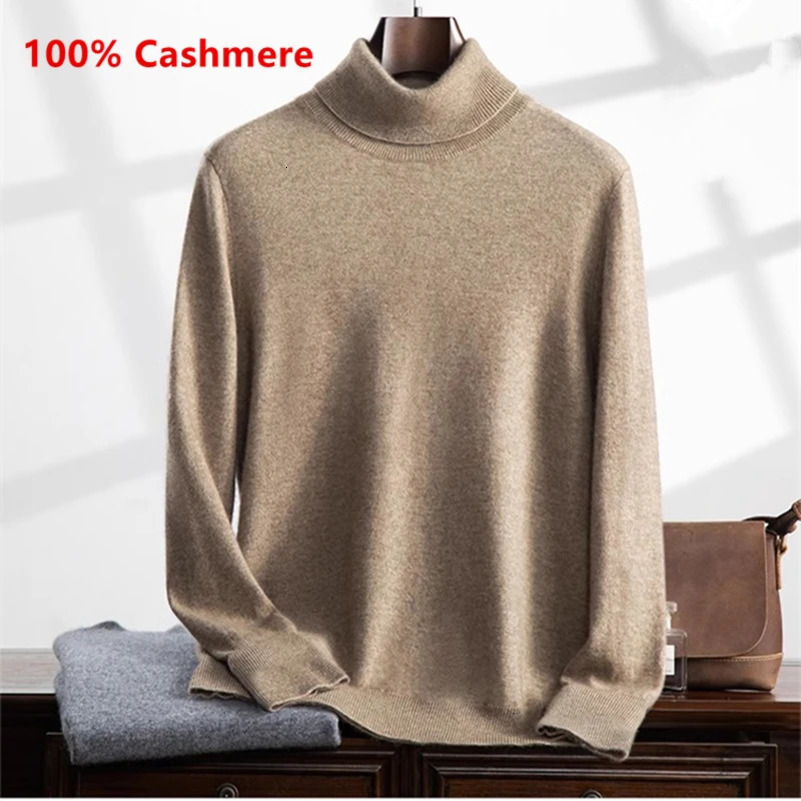 100% Cashmere Sweater Autumn/Winter High Collar Warm Crossover Wool Knitted Pullover Mens Turtle Neck 241113