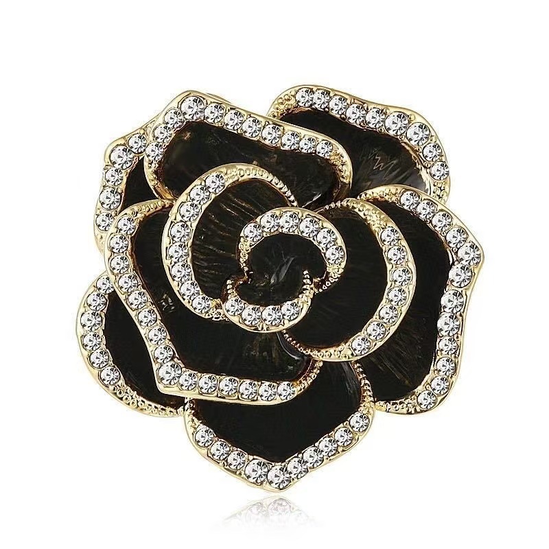 New High-End Three-Dimensional Dia-Studded Rose Elegant Temperament Forest Style Camellia Flower Brooch Pin Accessory