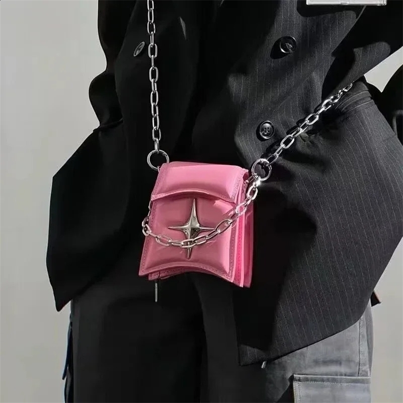 Y2K Vintage Korean Small Chain Shoulder Bag Flap Clutch Purse Handbags Pink PU Leather Gothic Cross Crossbody Ladies Bags 250206