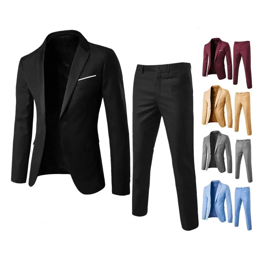2PcsSet Men Slim Fit Suit Set Lapel Long Sleeve Single Button Suit Coat Midrise Long Pants Set Solid Color Business Outfit 250916