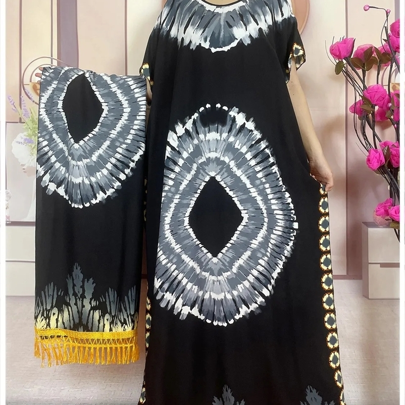 Summer African Women Party Robe Tie Dyed Print Loose Cotton Large Size Scarf Dress Kaftan Dress Islamic Short sleeved Clothing 240529