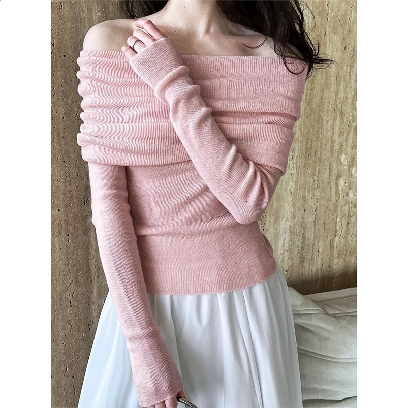 Lightweigth Off Shoulder Sweater Top Women Long Sleeve Knitted Shirt for Spring Pink Grey Beige Black Outfit 240824