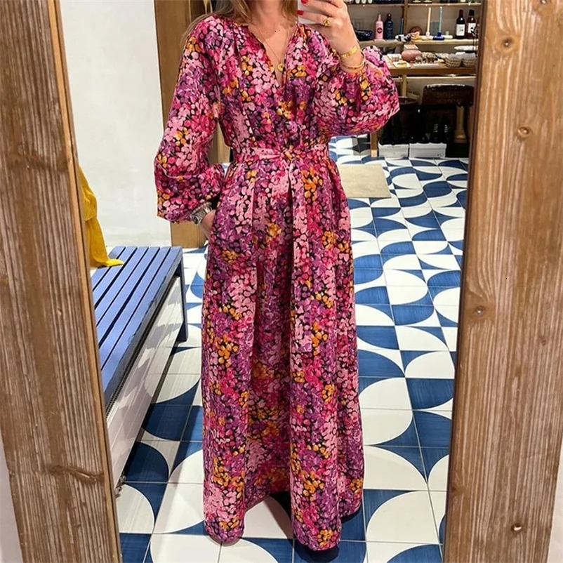 Floral Print High Waisted Women Robe Dress Spring Summer Loose Tie Up Bohemian Dress Fashion V-neck Lantern Sleeve Holiday Dress 240529