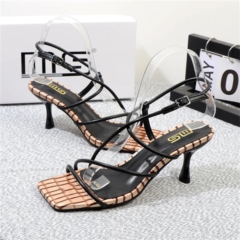 elegant woman heeled sandals summer square toe sexy Plaid high-end womens shoes with thin heels high heels Female shoes 240514