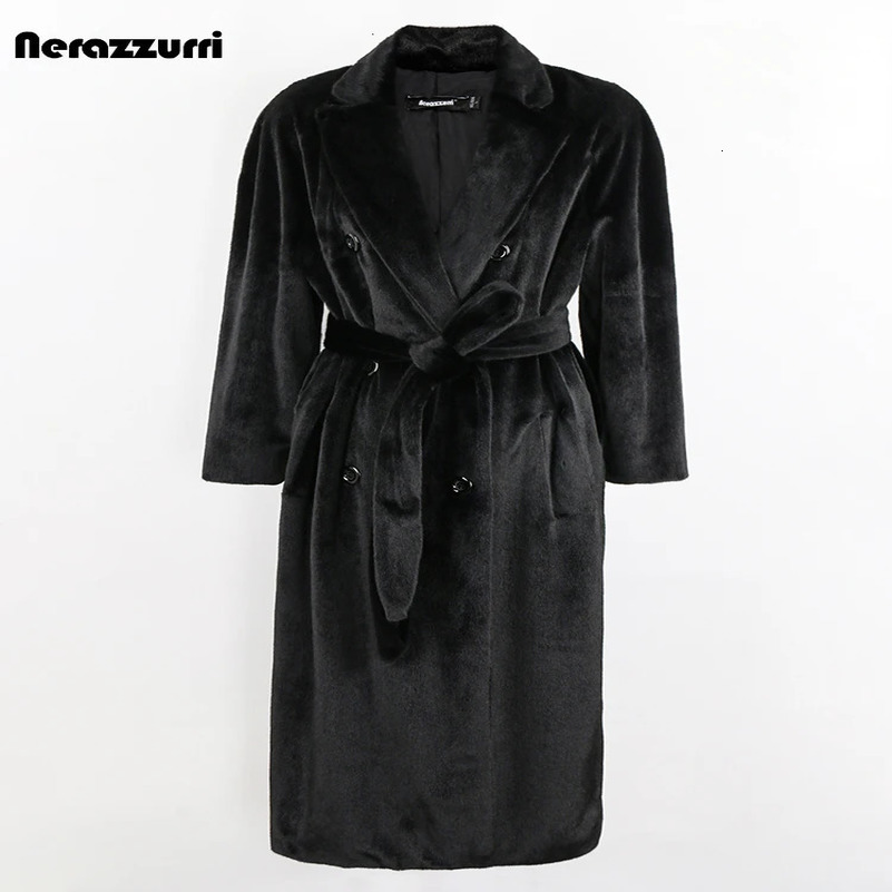 Sapphire Winter Long Black Warm Soft Fluffy Artificial Mink Trench Coat Womens Belt Double Chest Cool European Fashion 241113