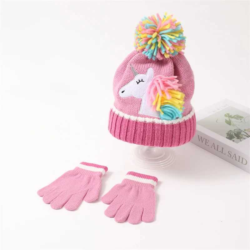 Winter Cute Cartoon Unicorn Ear Flap Hat Matching Gloves Thermal Lined Set for Toddler Boys Girls Animal Themed Knit Cap Gloves Z251029