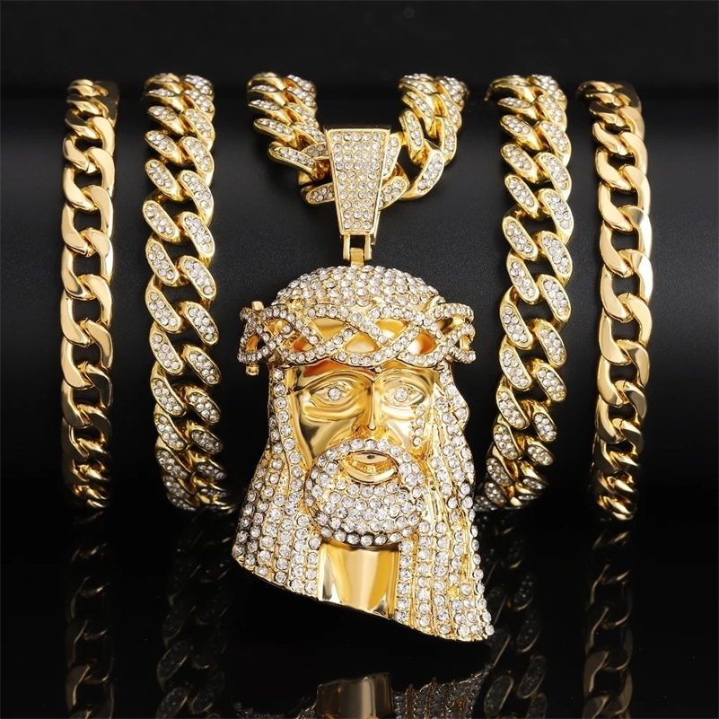 Iced Out Jesus Christ Head Charm Pendant Rhinestone Necklace With 13mm Miami Cuban Link Chain Hip Hop Style For Men Women Gift 250313