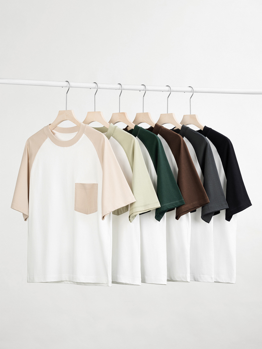 Men's Summer Short Sleeve Raglan T-Shirt - 100% Cotton, Color Block with Pocket, Casual Style, Ideal for Wholesale -76Z