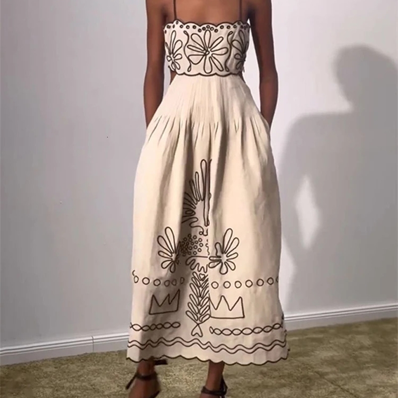 Women Spaghetti Strap Ethnic Long Dress Boho Beach Maxi Dress 240529