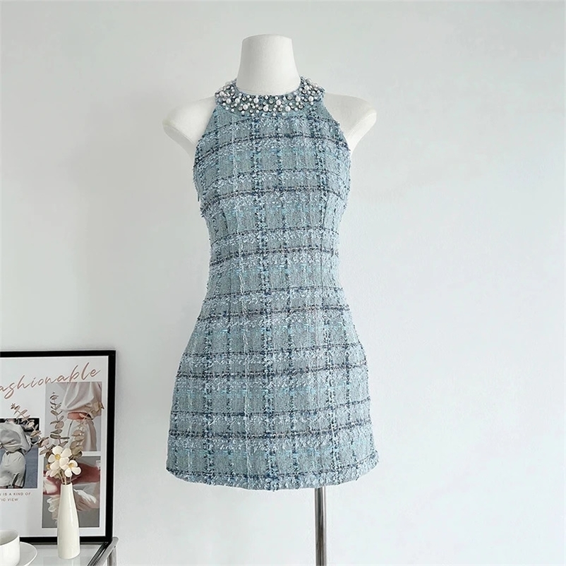 Small Fragrance Fashion Beads Tweed Sexy Slim Halter Sleeveless Bodycorn Dress Korean Elegant Slim Waist Mini Dresses 240529