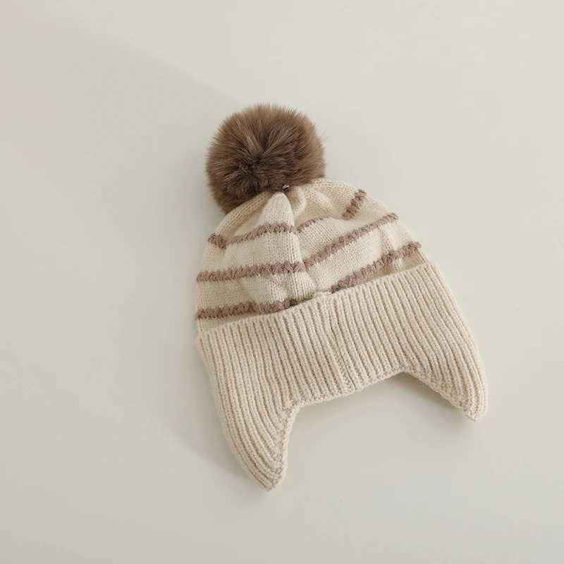 Fluffy Fur Ball Baby Knitted Ear Protection Hat Fashion Striped Kids Earmuffs Cap Winter Warm Children Woolen Beanies 13Year Z251029