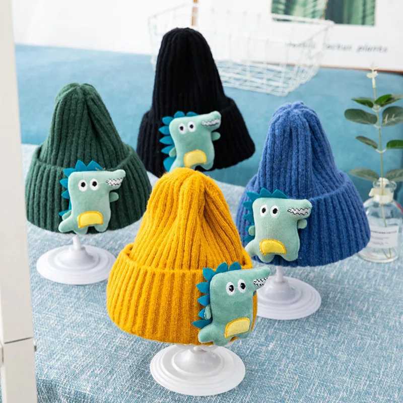 Autumn Winter Warm Baby Beanie Cartoon Dinosaur Knitted Toddler Boys Girls Hat Cute Solid Color Kids Ear Protection Cap Z251029