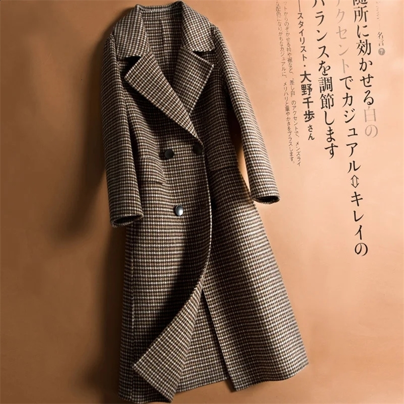 Spring Autumn Wool Jacket Women Houndstooth Long Double-Sided Woolen Pure Wool Overcoat Female Slim Elegant Woolen Outerwear 240822