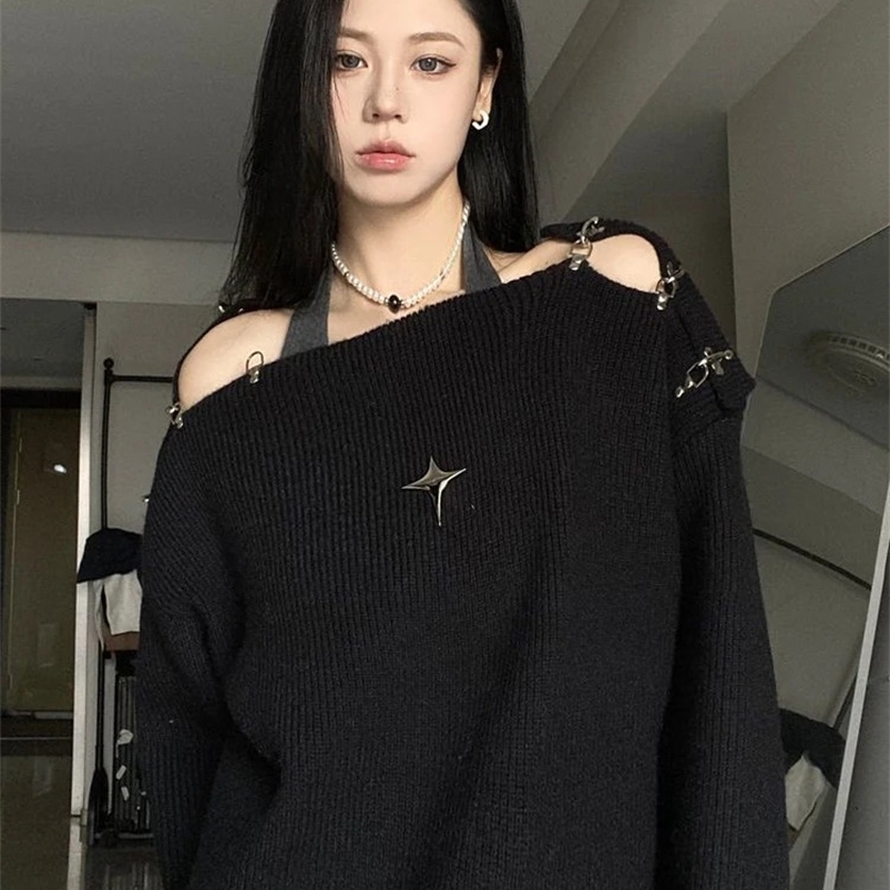 Y2K Oversized Sweater Women Korean Fashion Sexy Off Shoulder Pullovers Female Autumn Winter Casual Loose Metal Jumpers 240824