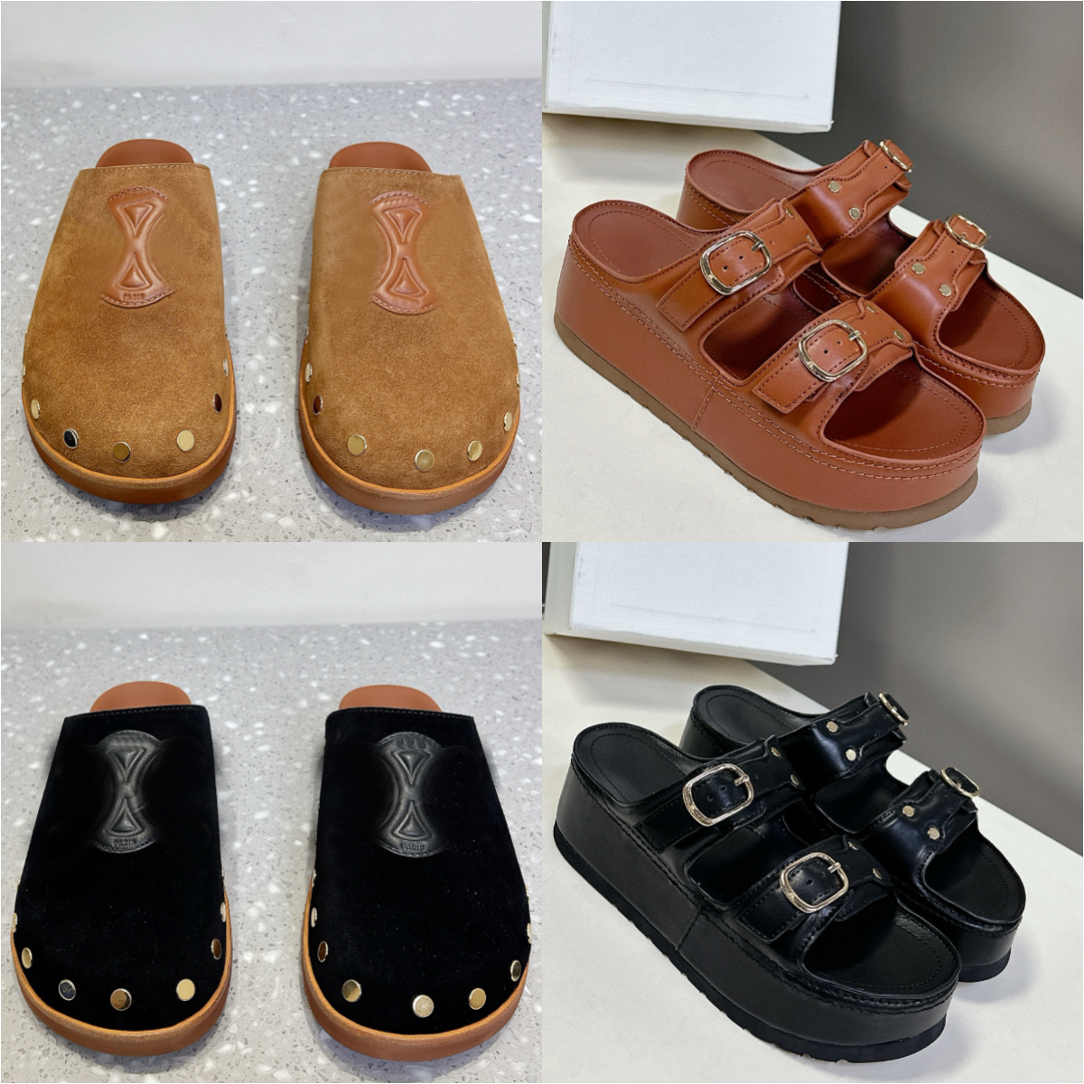 designer shoes Triomphe Women Fashion Pitea Clog Suede Calfskin Leather Polly Wedge Mule Baotou Sandal Womens Shoes Size 35-40