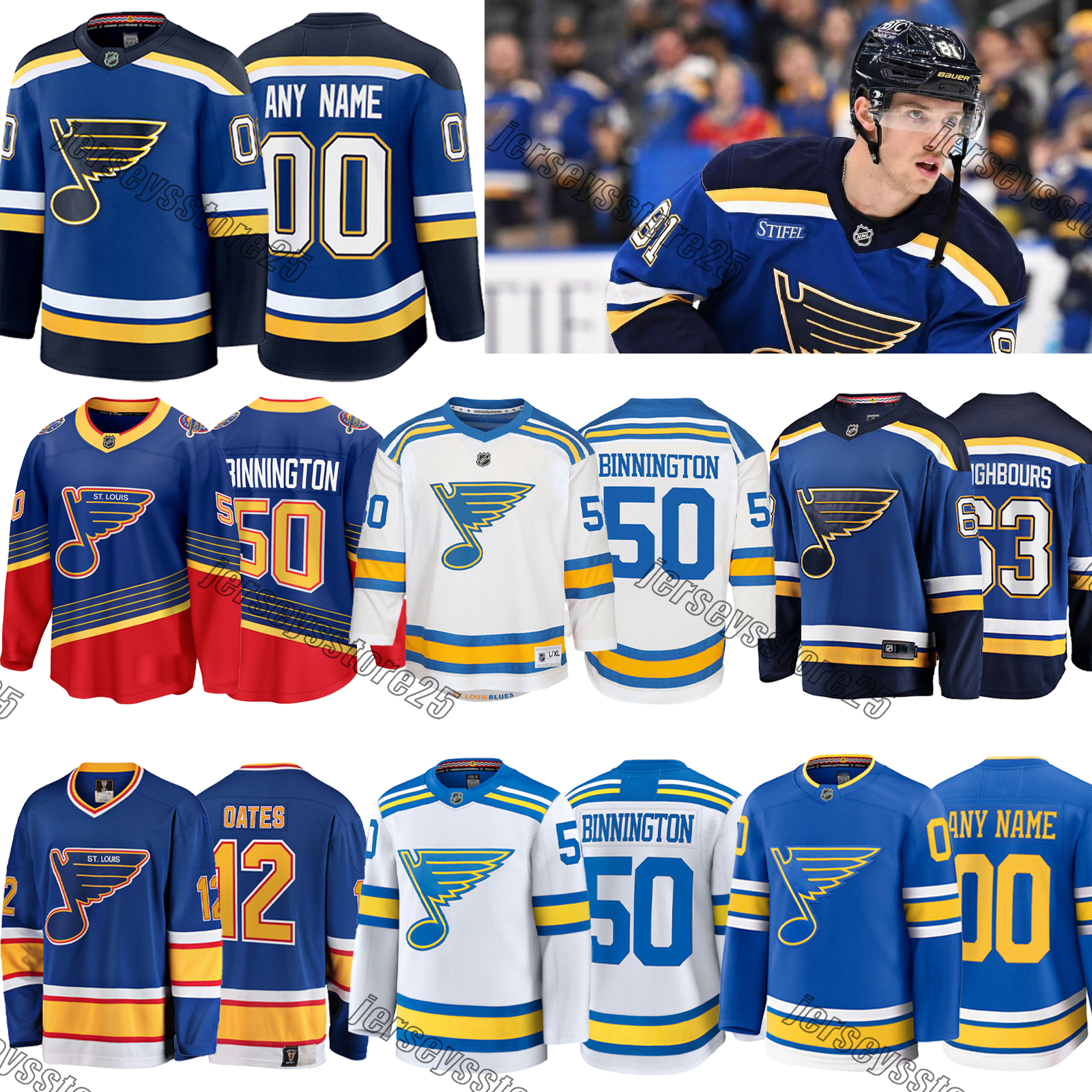 #25 Kyrou Blues #18 Thomas A hockey jersey #63 Neighbours #50 Binnington #10 Schenn C #89 Buchnevich #55 Parayko A #6 Broberg #4 Leddy Jersey
