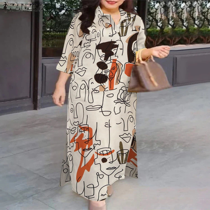 Autumn Spring Printed Dress Baggy Sundress ZANZEA Stylish Women Long Shirt Dress Vintage Lapel Neck Work Vestidos Kaftan 250122