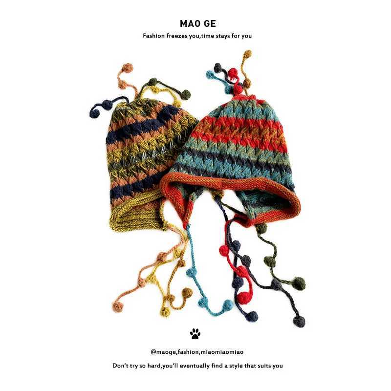 Korean Version Colored Ball Ear Protector Knitted Hat Wool Blend Beanie Women Fall Winter Retro Personalized Laceup Fringed Cap Z251029