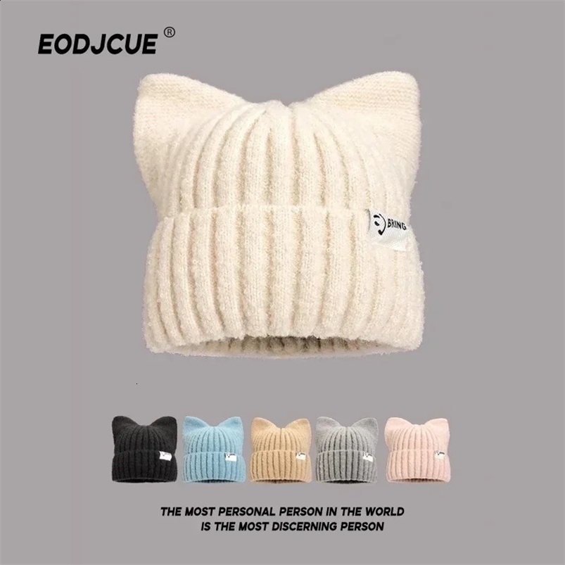 Japanese Y2k cute cat eared bear suitable for warm ear protection in autumn and winter for women sweet Versatile Pullover knitted hat 250109
