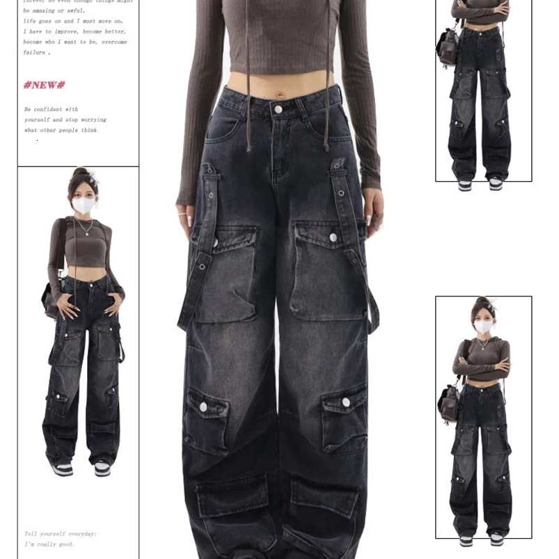 Women Vintage Black Gothic Cargo Y2k Wide Leg Denim Pants Oversize 2000s High Waist Korean Baggy Trousers 90s Jeans Z260313