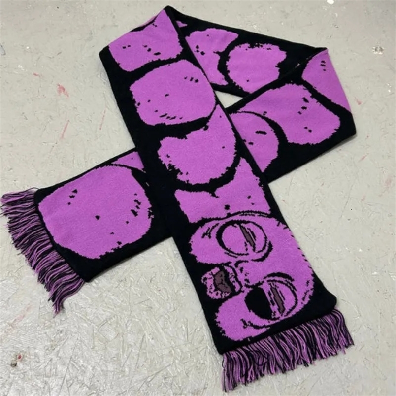 Fashion Creative Gothic cartoon knitted womens scarf mens winter Y2K scarf apron black tassel luminous Kpop scarf women 241016