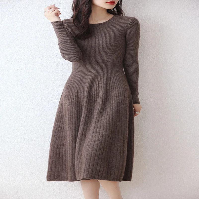 Womens Merino Wool Long Sweater Dress Round Neck Striped Thick Monochromatic 100% Merino Autumn Winter Official 250122